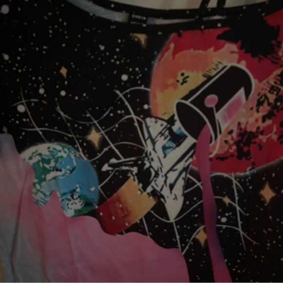 New Woman’s Artistic Galaxy Rainbow Pour Paint Bucket Unique Cold Shoulder Tee - Picture 3 of 7